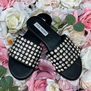 Brand New Rhinestone Studded Black Steve Madden Slides Size 6